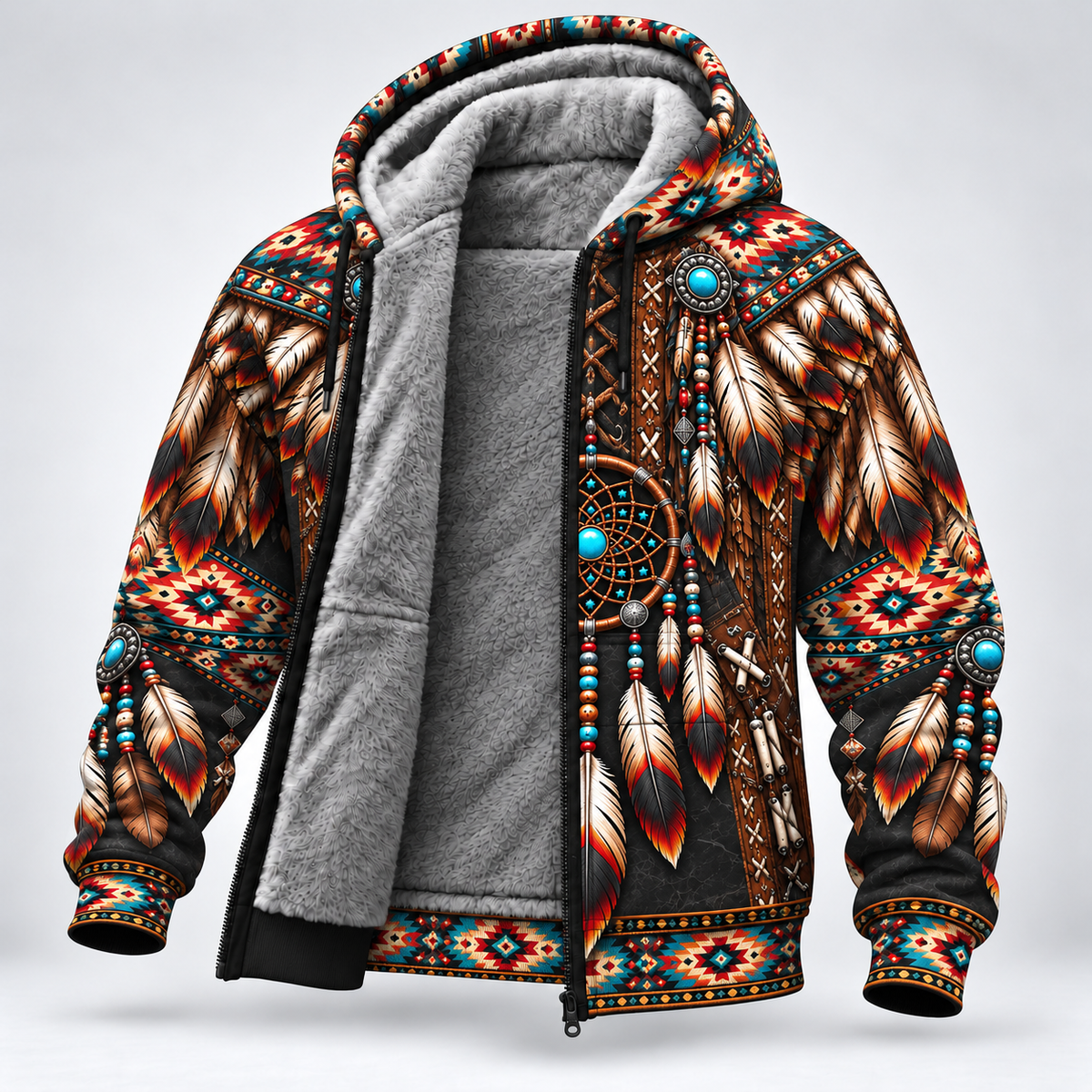 3D Fleece Jacket  Native American Dreamcatcher Feather Turquoise Leather Tribal Heritage Southwestern Geometric Pattern