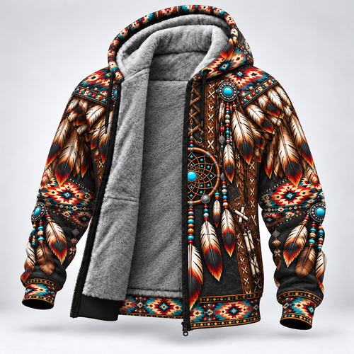 3D Fleece Jacket  Native American Dreamcatcher Feather Turquoise Leather Tribal Heritage Southwestern Geometric Pattern