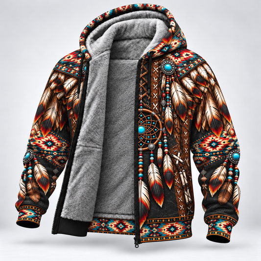 3D Fleece Jacket  Native American Dreamcatcher Feather Turquoise Leather Tribal Heritage Southwestern Geometric Pattern