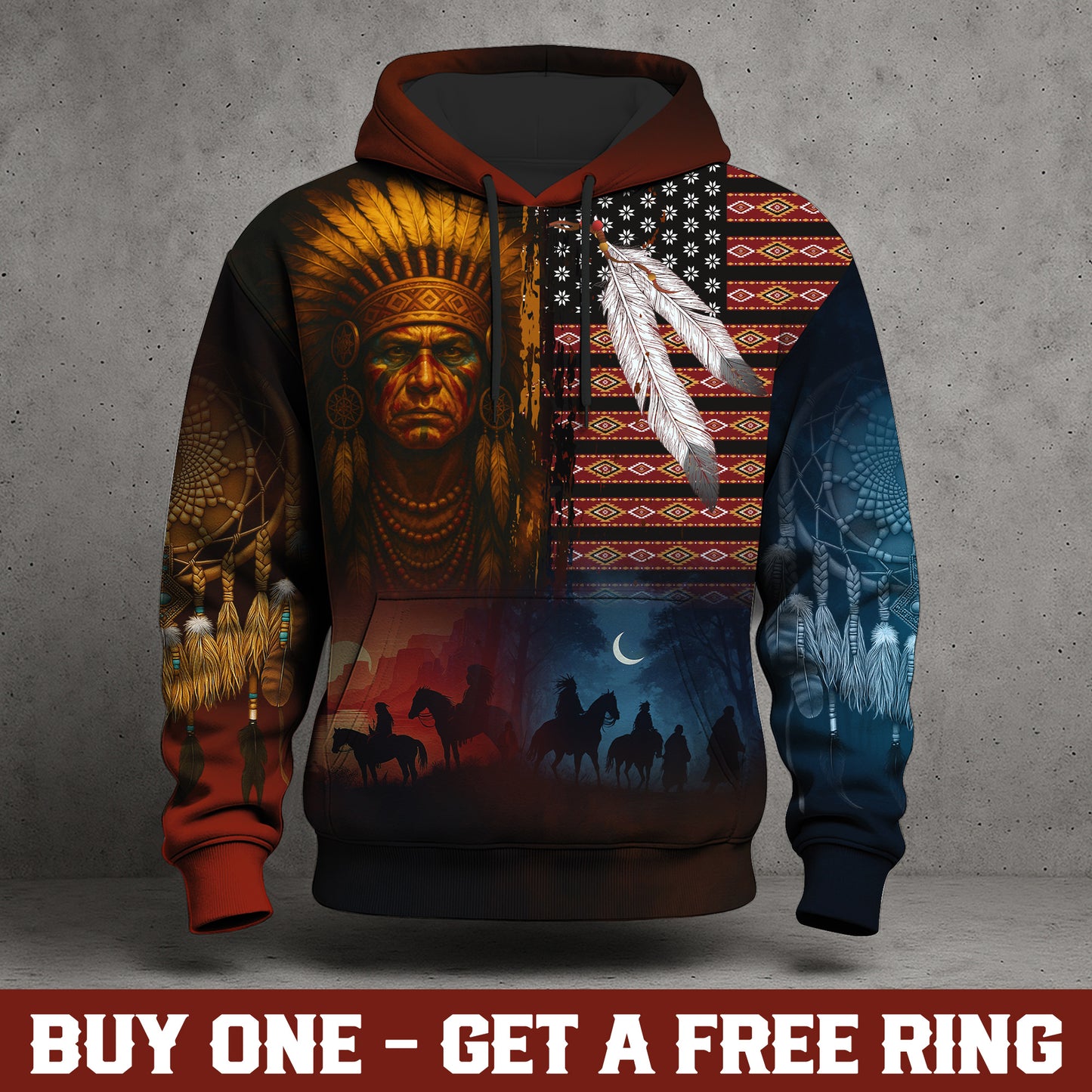 Native Heritage – The Chief Spirit Hoodie in Red & Blue, Symbol of Freedom and Pride