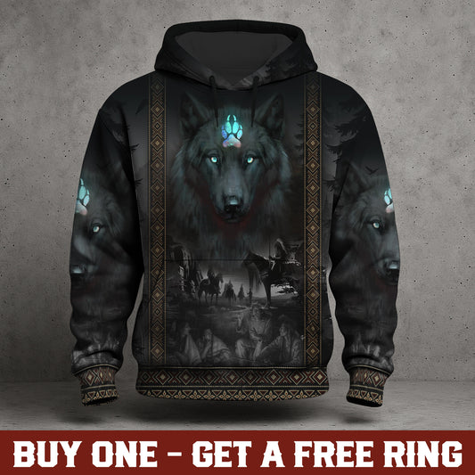 Tribal Wolf Guardian Hoodie – 3D Native Spirit Artwork, Blue Eyes Wolf Totem