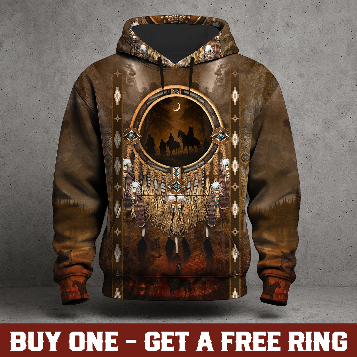 Native Pattern 3D Tribal Hoodie – Feather & Beaded Design with Moonlit Horse Rider Scene