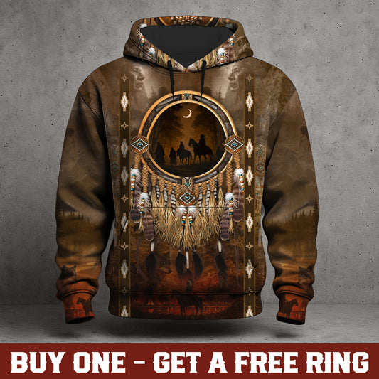 Native Pattern 3D Tribal Hoodie – Feather & Beaded Design with Moonlit Horse Rider Scene
