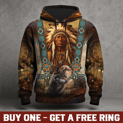 Native American Chief & Wolf Spirit Hoodie – Tribal Dreamcatcher Native Pride Pullover