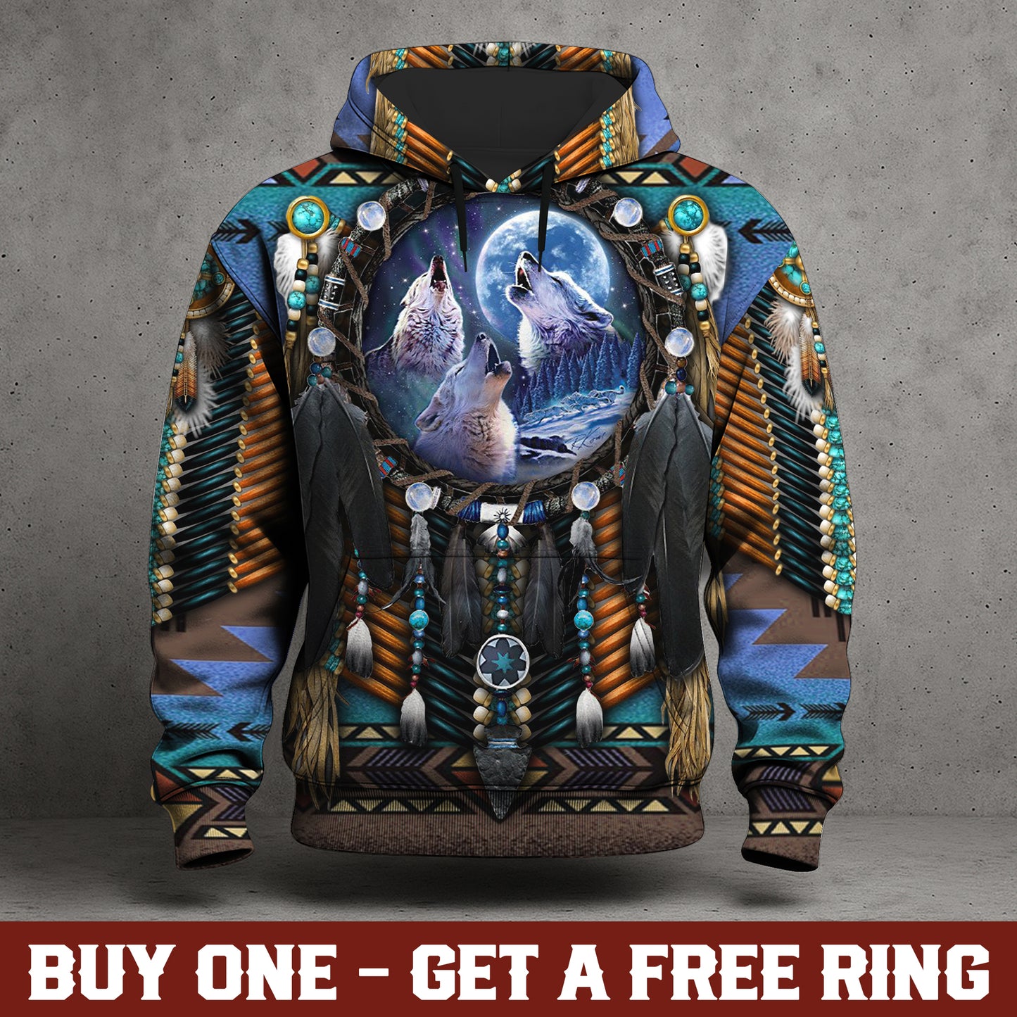 Native American Wolf Moon 3D Hoodie – Tribal Dreamcatcher Spirit Design