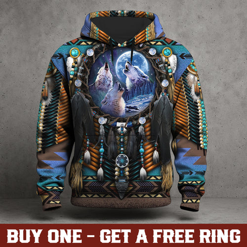 Native American Wolf Moon 3D Hoodie – Tribal Dreamcatcher Spirit Design