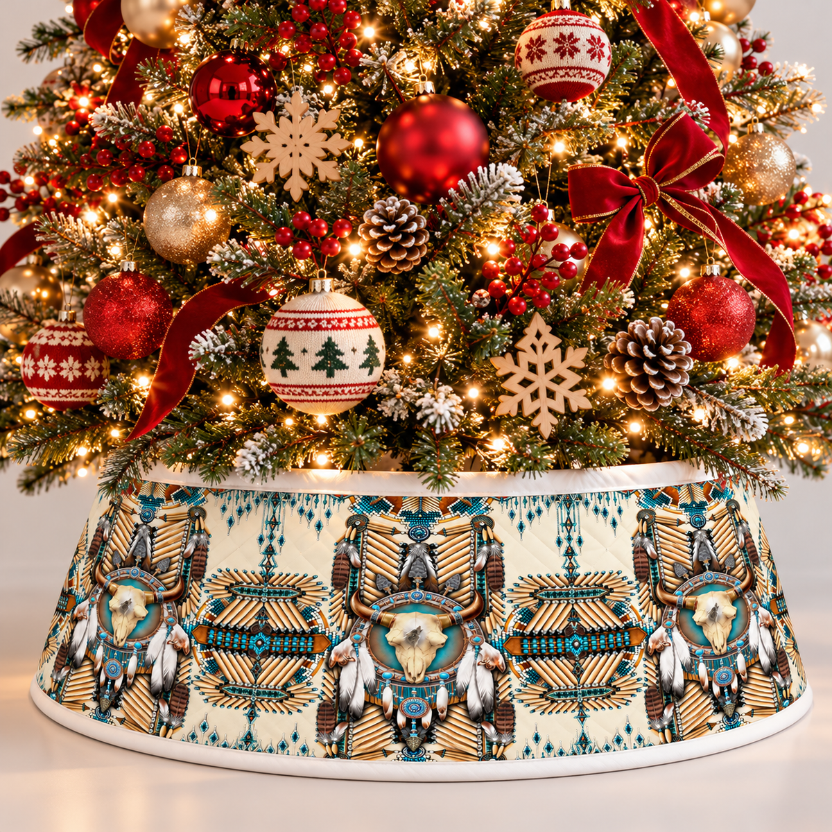 Quilted Christmas Tree Collar - Native American Buffalo Skull Dreamcatcher Turquoise Feather Fringe Tribal Geometric Southwestern Spirit Christmas Decor