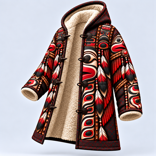 Dream Cloak - Haida Inspired Feather Tribal Red Black Symbolic Art of Strength and Freedom