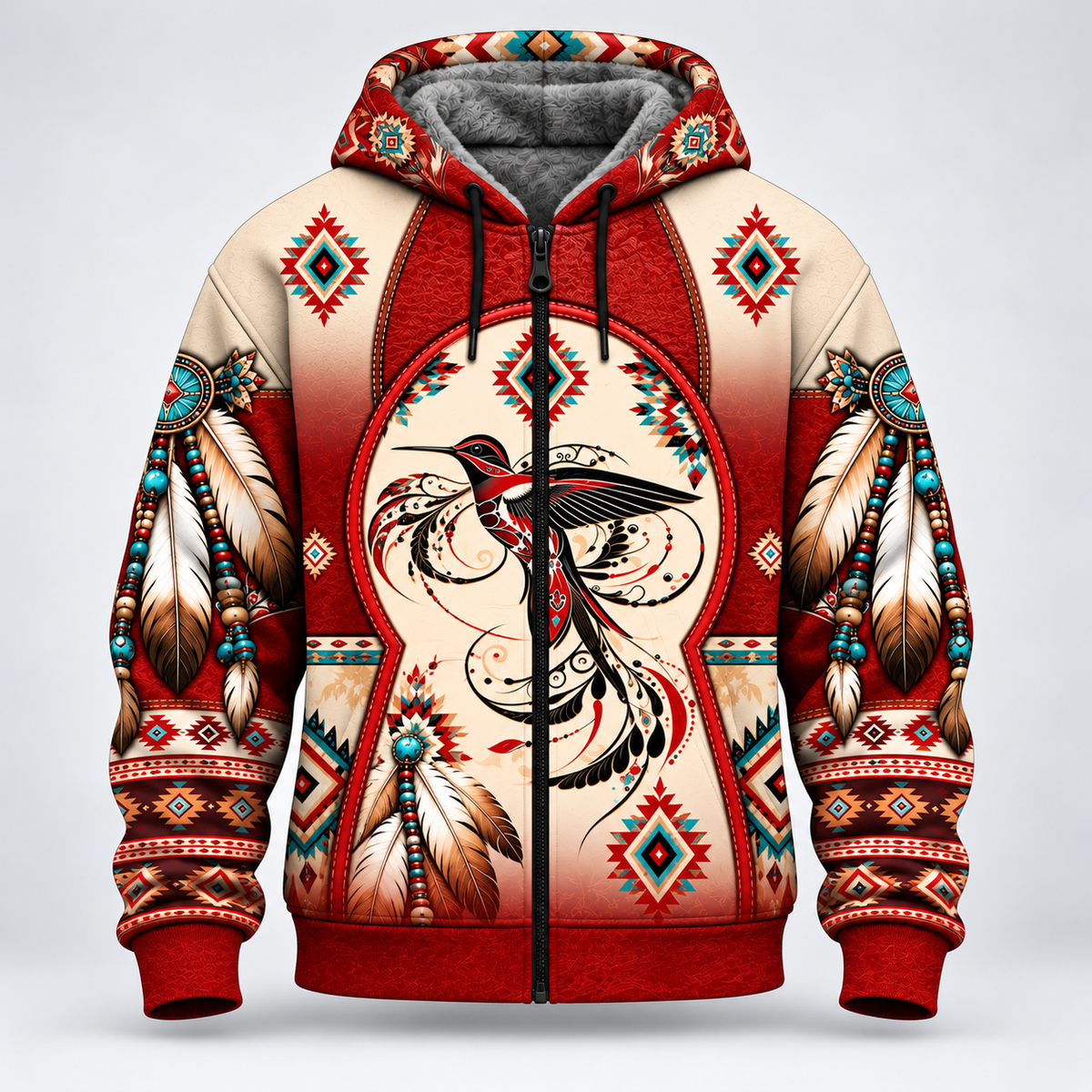 3D Fleece Jacket Native American Hummingbird Hoodie, Southwestern Tribal Eagle Feather Graphic