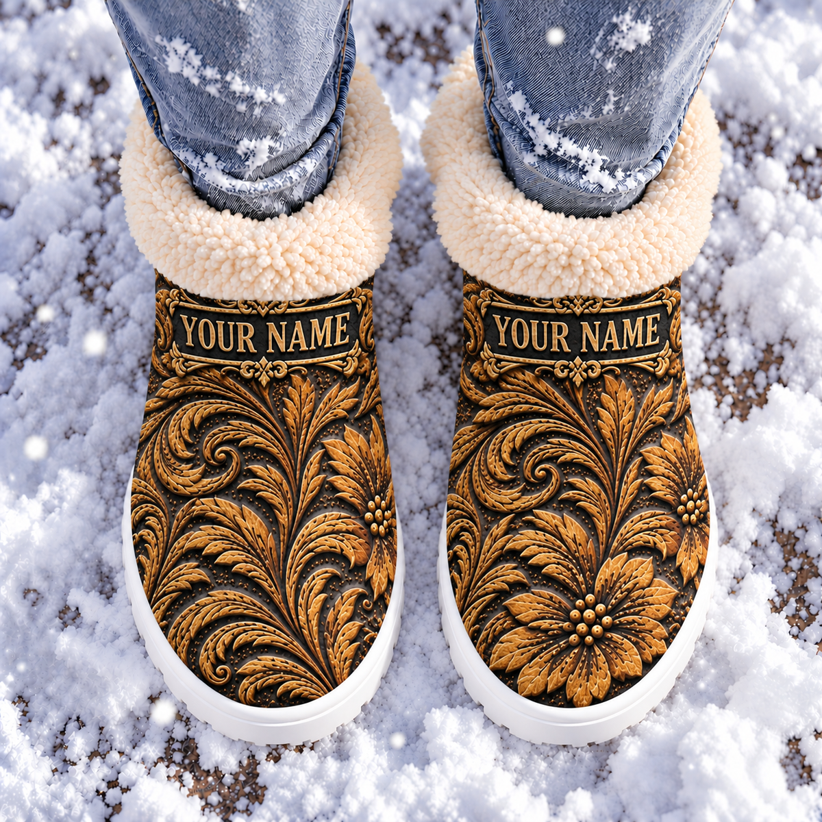 Snow Boots - Personalized Gothic Baroque Floral Ornate Gold Black Vintage Luxury Cozy