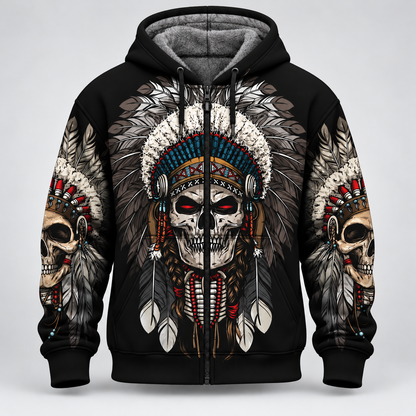 3D Fleece Jacket Warrior Skull Hoodie – Tribal Chief Headdress Edition