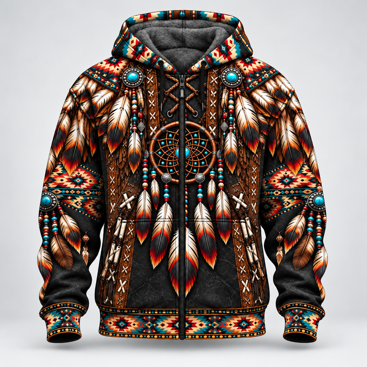 3D Fleece Jacket  Native American Dreamcatcher Feather Turquoise Leather Tribal Heritage Southwestern Geometric Pattern