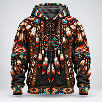 3D Fleece Jacket  Native American Dreamcatcher Feather Turquoise Leather Tribal Heritage Southwestern Geometric Pattern