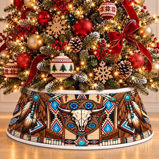 Quilted Christmas Tree Collar - Native American Buffalo Skull Feather Headdress Turquoise Beadwork Tribal Heritage Southwestern Christmas Decor