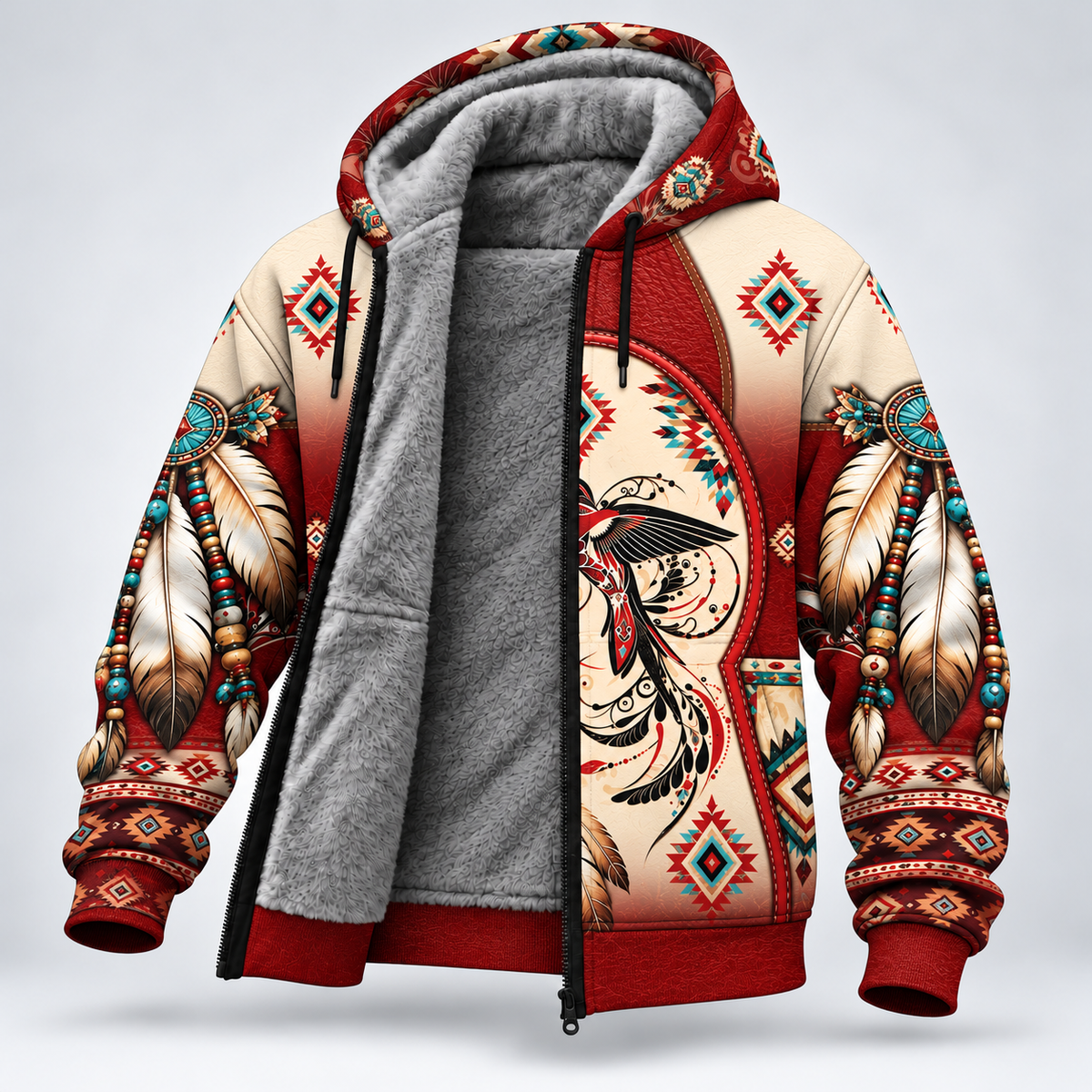3D Fleece Jacket Native American Hummingbird Hoodie, Southwestern Tribal Eagle Feather Graphic