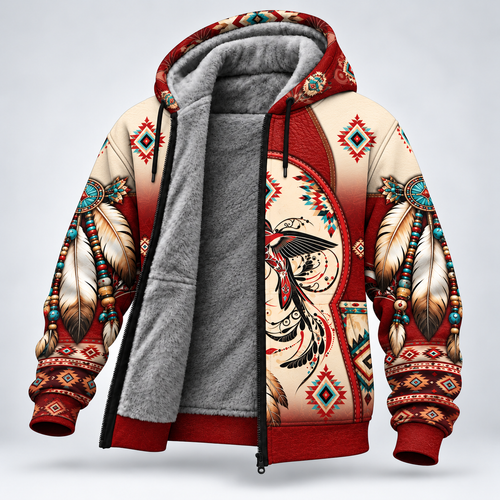 3D Fleece Jacket Native American Hummingbird Hoodie, Southwestern Tribal Eagle Feather Graphic