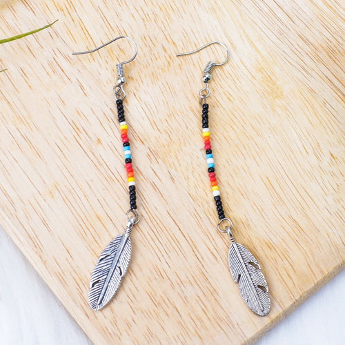 Black Stick with Metal Feather Beaded Handmade Earrings For Women