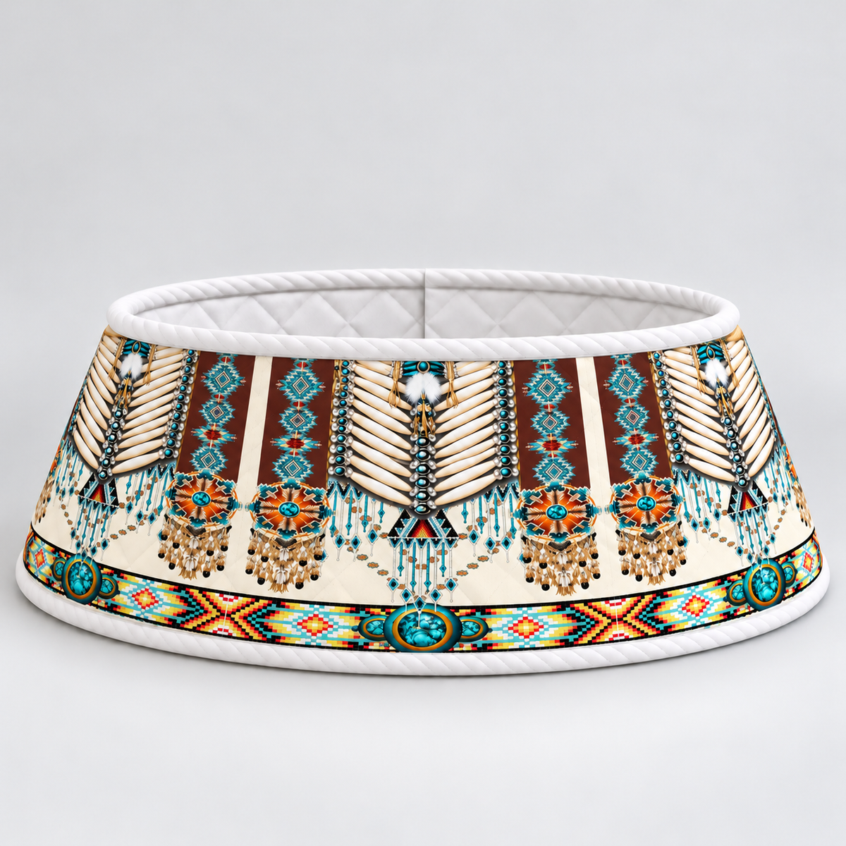 Quilted Christmas Tree Collar - Native American Turquoise Dreamcatcher Feather Fringe Tribal Geometric Pattern Southwestern Boho Christmas Decor