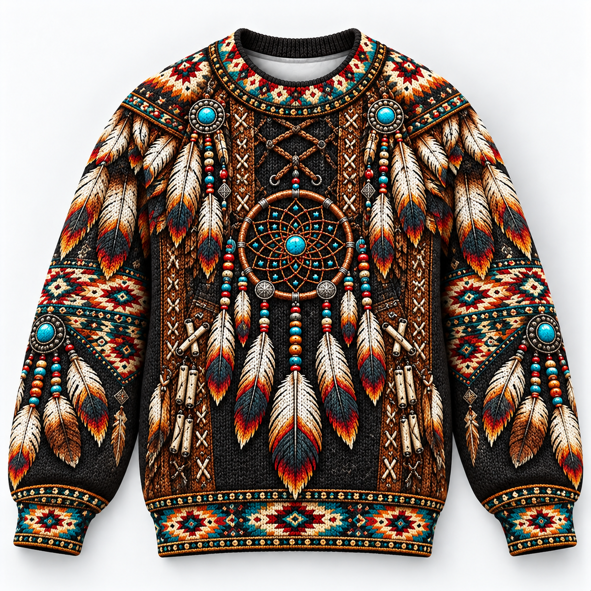 3D Knitted Sweater Native American Faux Leather Vest Hoodie, Southwestern Tribal Eagle Feather Graphic