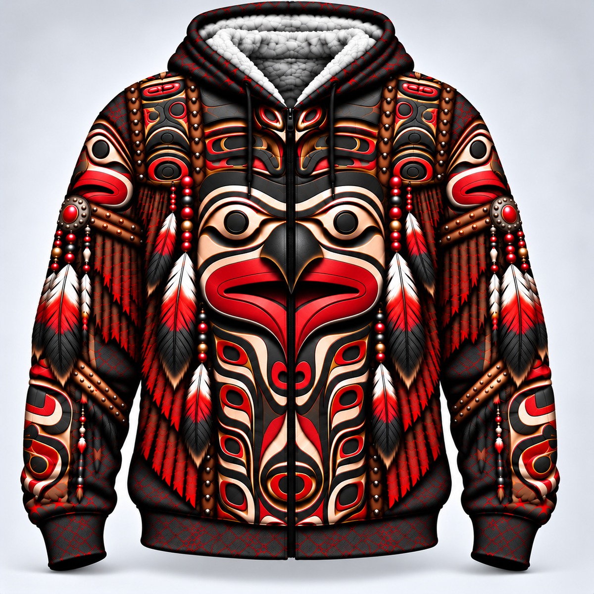 3D Fleece Jacket Haida Inspired Feather Tribal – Red Black Symbolic Art of Strength and Freedom