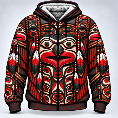 3D Fleece Jacket Haida Inspired Feather Tribal – Red Black Symbolic Art of Strength and Freedom