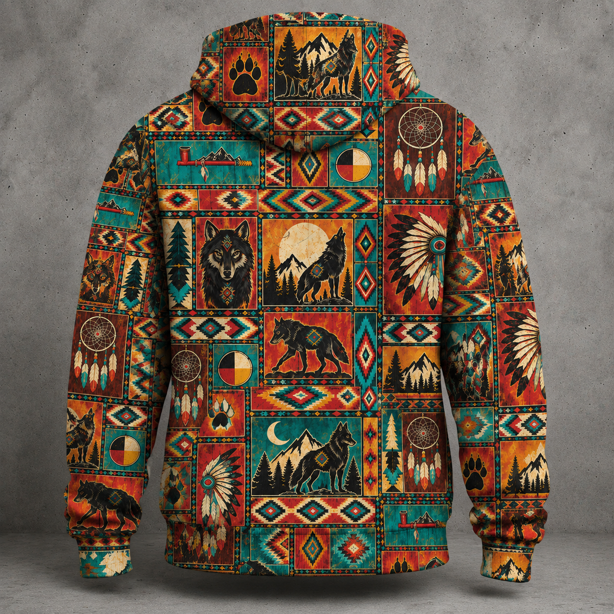 Native American Inspired Wolf Hoodie Southwestern Heritage Patchwork Pullover Hoodie