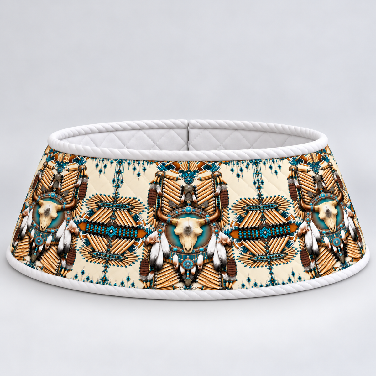 Quilted Christmas Tree Collar - Native American Buffalo Skull Dreamcatcher Turquoise Feather Fringe Tribal Geometric Southwestern Spirit Christmas Decor