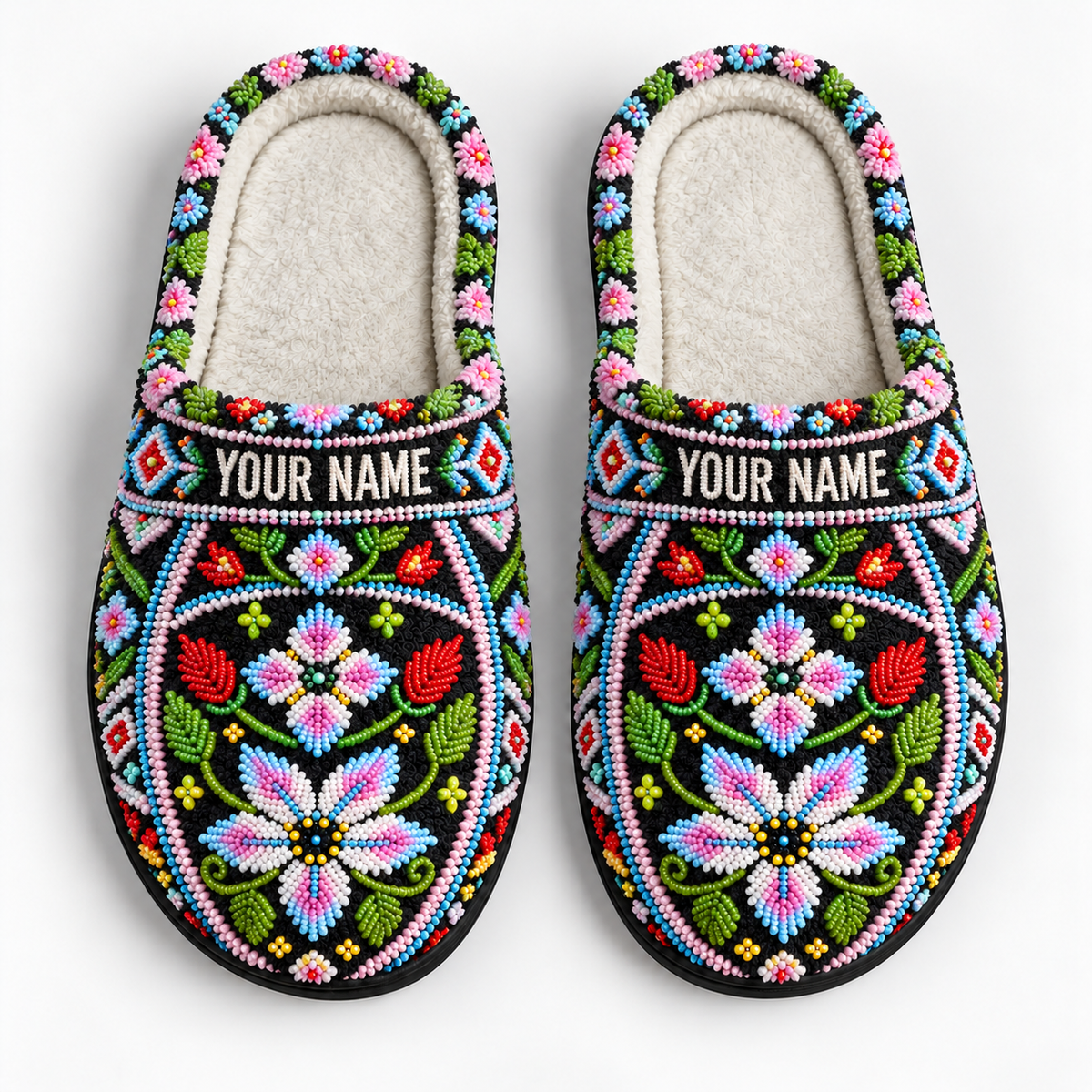 Personalized Slippers Gift - Colorful Floral Beaded Embroidery Boho Black Cozy House Slippers