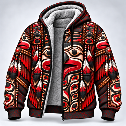 3D Fleece Jacket Haida Inspired Feather Tribal – Red Black Symbolic Art of Strength and Freedom
