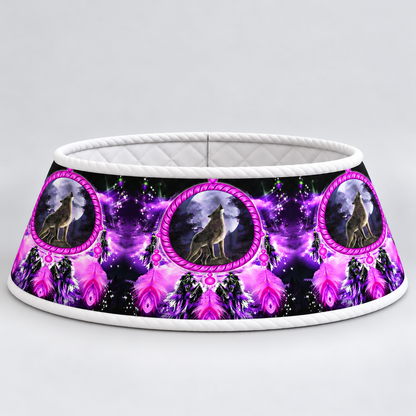 Quilted Christmas Tree Collar - Native American Wolf Spirit Dreamcatcher Full Moon Purple Feathers Mystical Tribal Wildlife Christmas Decor