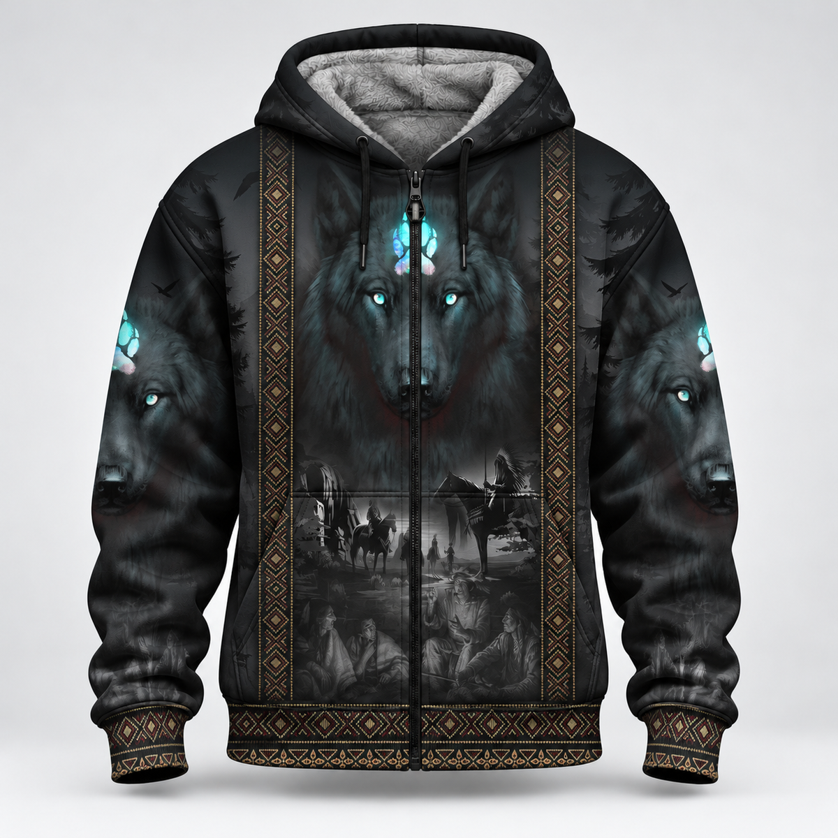 3D Fleece Jacket  Tribal Wolf Guardian Hoodie – 3D Native Spirit Artwork, Blue Eyes Wolf Totem
