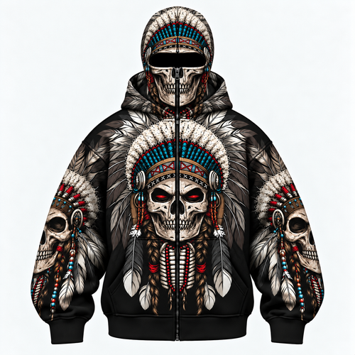 3D Balaclava Zip Hoodie Warrior Skull Hoodie – Tribal Chief Headdress Edition