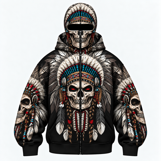 3D Balaclava Zip Hoodie Warrior Skull Hoodie – Tribal Chief Headdress Edition