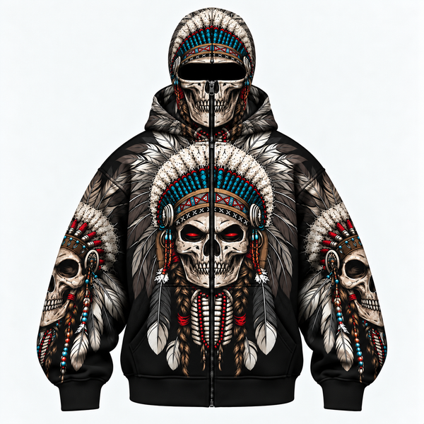 3D Balaclava Zip Hoodie Warrior Skull Hoodie – Tribal Chief Headdress Edition
