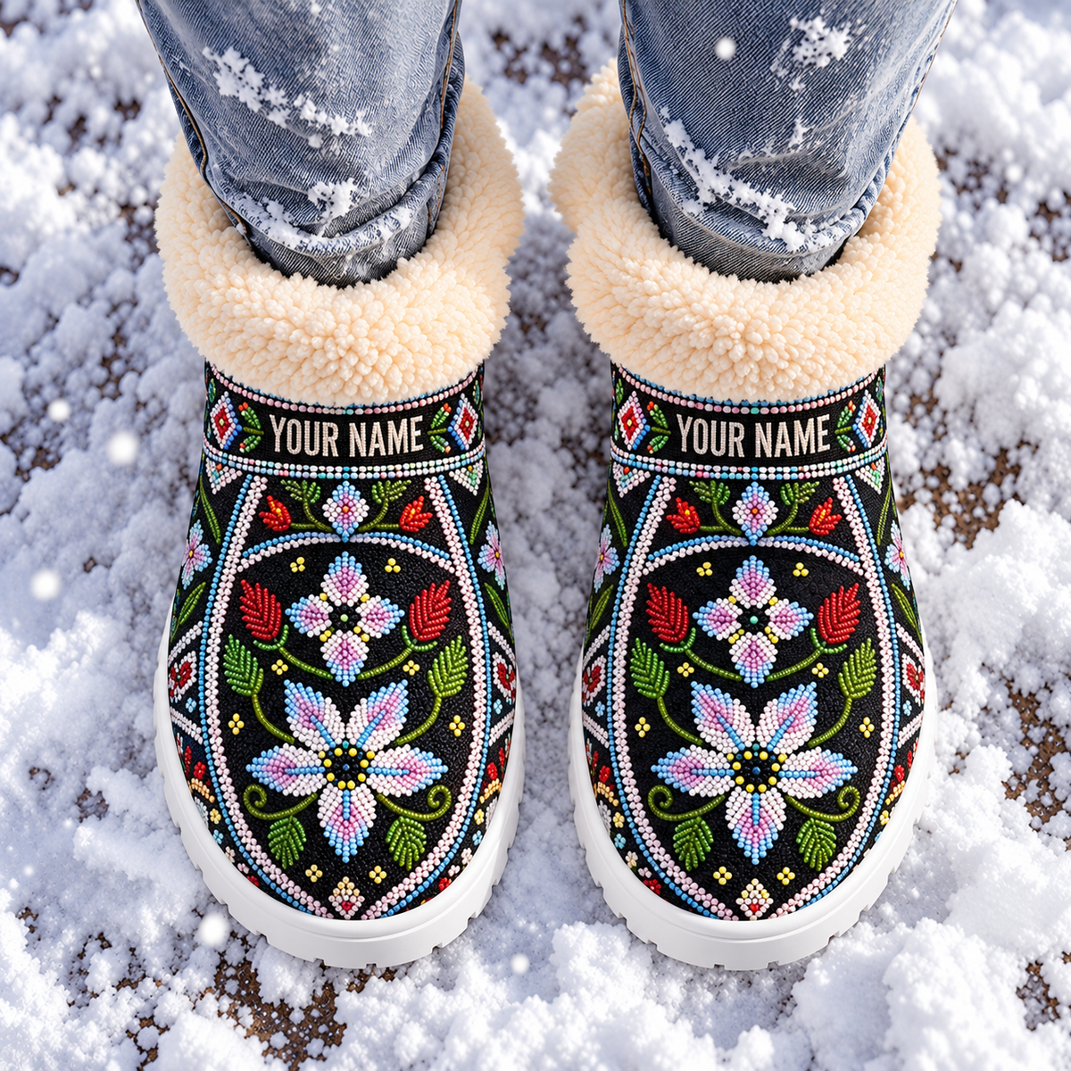 Snow Boots - Personalized Colorful Floral Beaded Embroidery Boho Black Cozy House