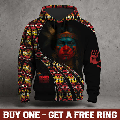 Tribal Feather Hoodie – Bold Red & Geometric Patterns & MMIW