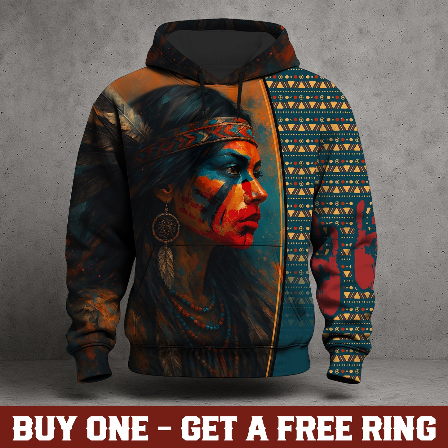 Tribal Feather Hoodie – Bold Red & Geometric Patterns & MMIW