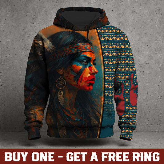 Tribal Feather Hoodie – Bold Red & Geometric Patterns & MMIW