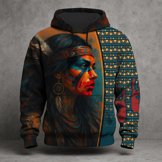 Tribal Feather Hoodie – Bold Red & Geometric Patterns & MMIW
