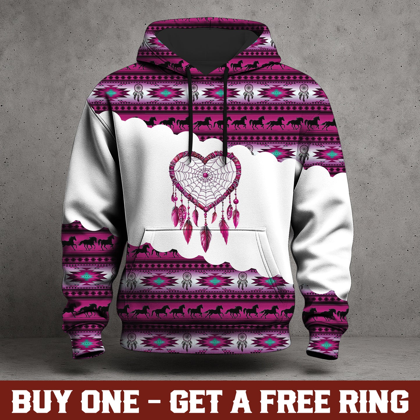 Dreamcatcher Hoodie – Tribal Horse, Feather & Boho Pattern