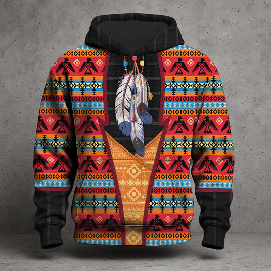 Tribal Feather Hoodie – Bold Red & Geometric Patterns
