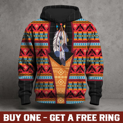 Tribal Feather Hoodie – Bold Red & Geometric Patterns