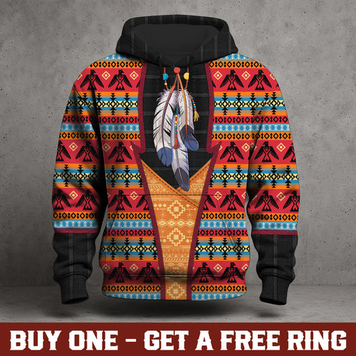Tribal Feather Hoodie – Bold Red & Geometric Patterns