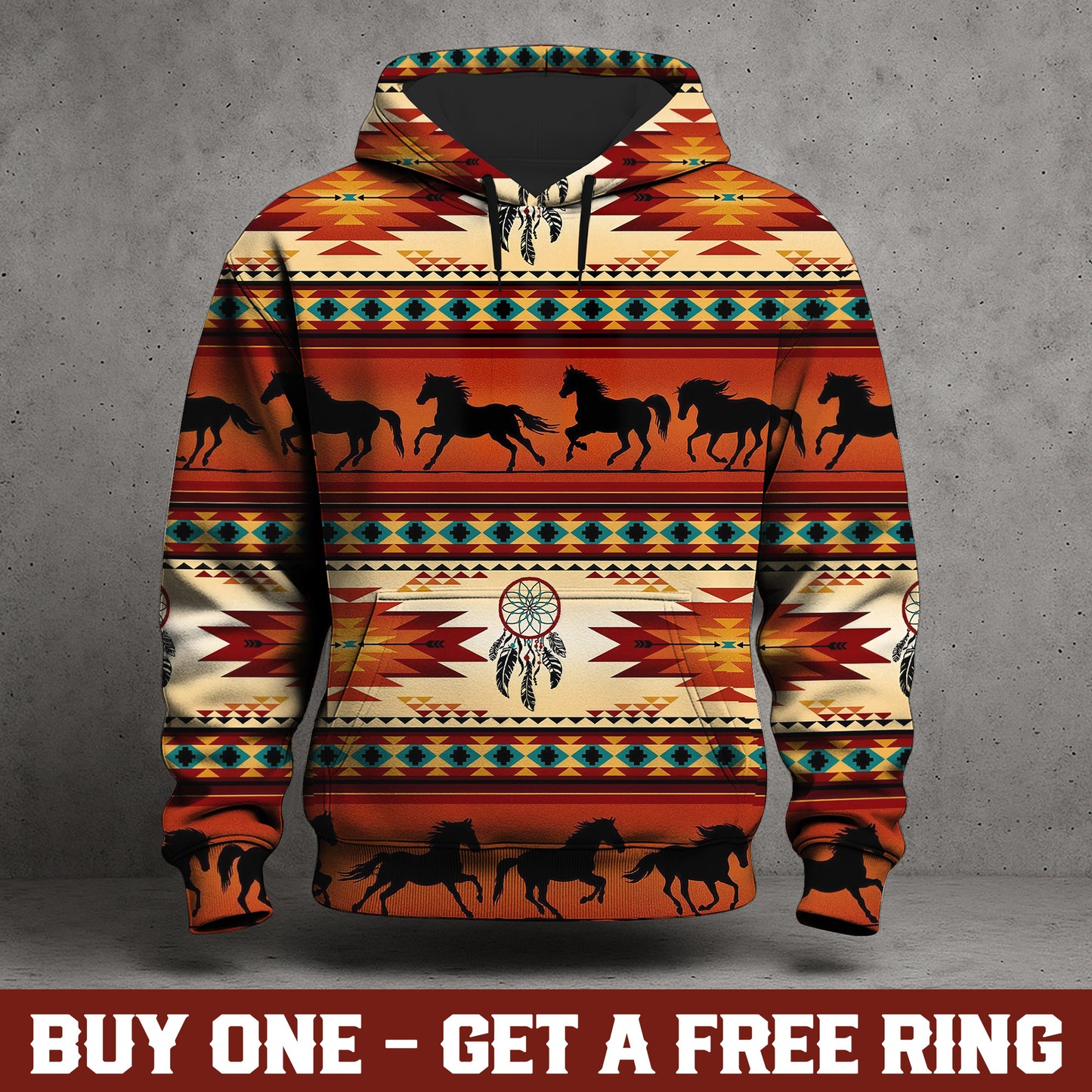 Wild Horse Hoodie – Sunset Tribal Pattern with Dreamcatcher