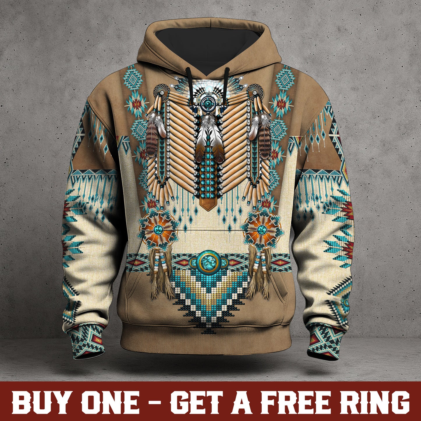 Tribal Beaded Headdress Hoodie – Turquoise & Feather Pattern
