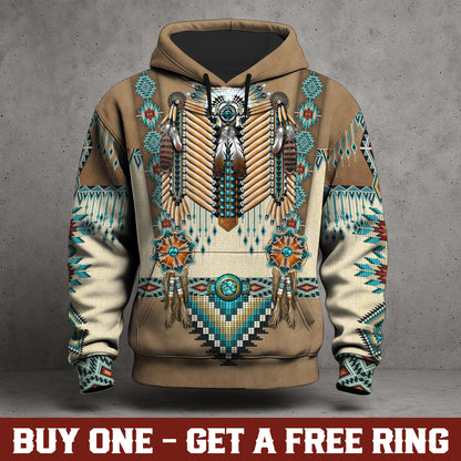 Tribal Beaded Headdress Hoodie – Turquoise & Feather Pattern