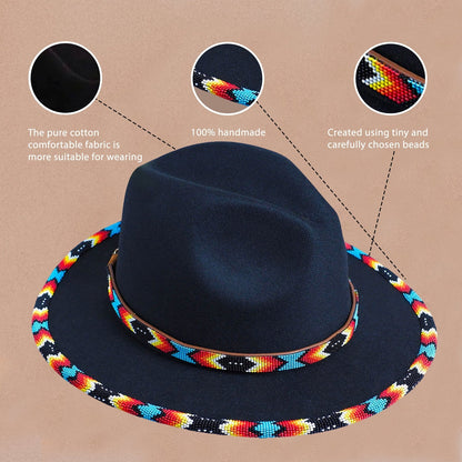 Black Dusk Pattern Fedora Hatband for Men Women Beaded Brim with Native American Style