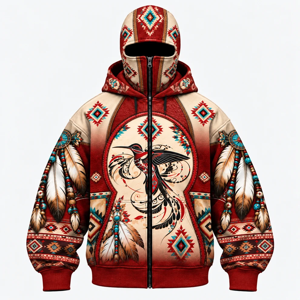 3D Balaclava Zip Hoodie Native American Faux Leather Vest Hoodie, Southwestern Tribal Eagle Feather Graphic