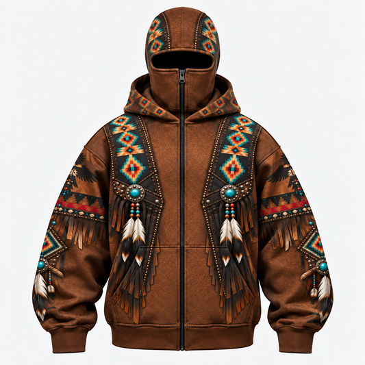 3D Balaclava Zip Hoodie Native American Inspired Wolf Hoodie Southwestern Heritage