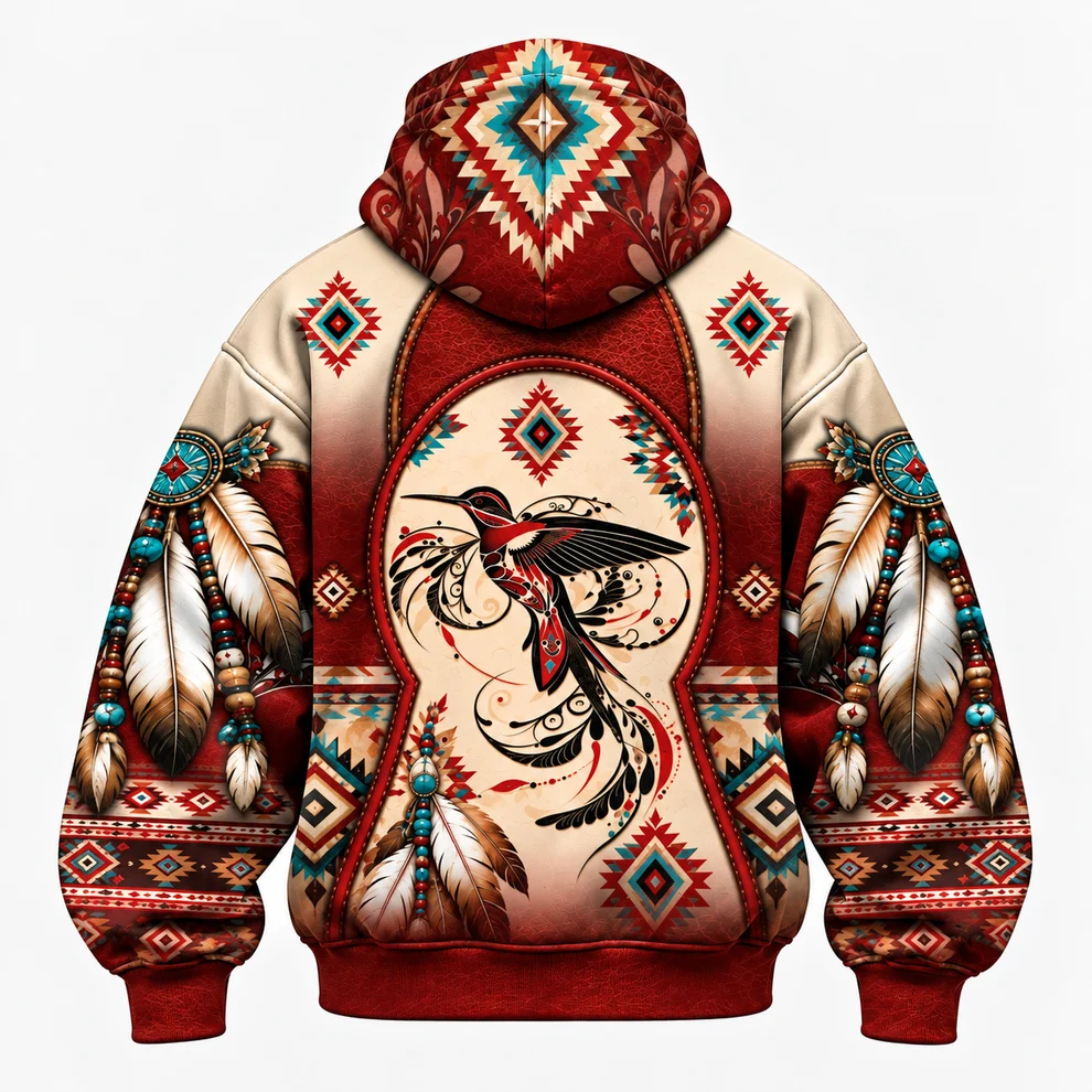 3D Balaclava Zip Hoodie Native American Faux Leather Vest Hoodie, Southwestern Tribal Eagle Feather Graphic